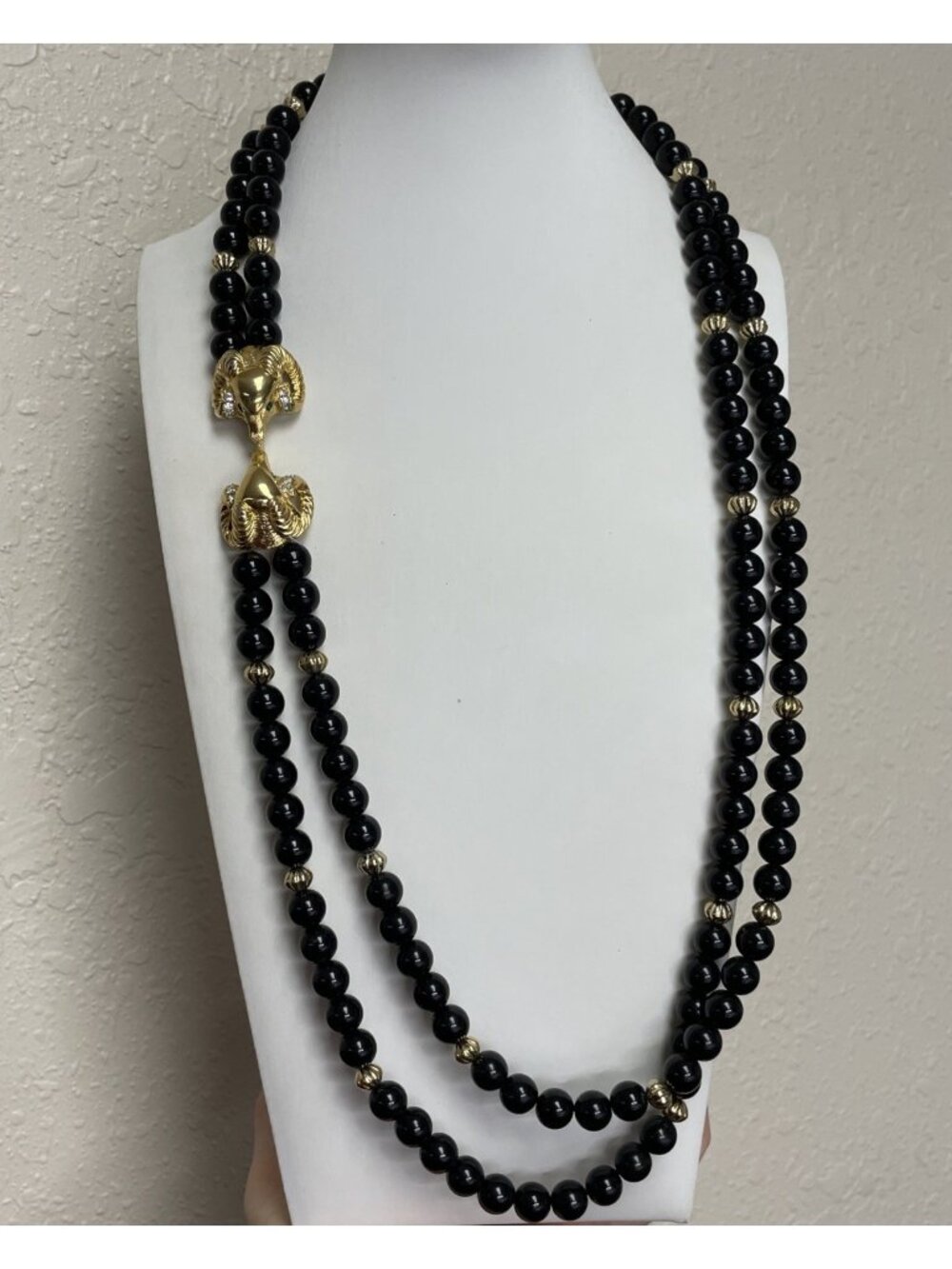 Signed KJL for Avon Rams Head Black Gold-tone Beaded Necklace Kenneth Jay Lane